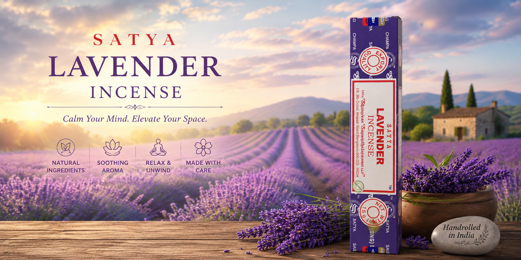 AI image of lavender satya incense in front of a lavender farm