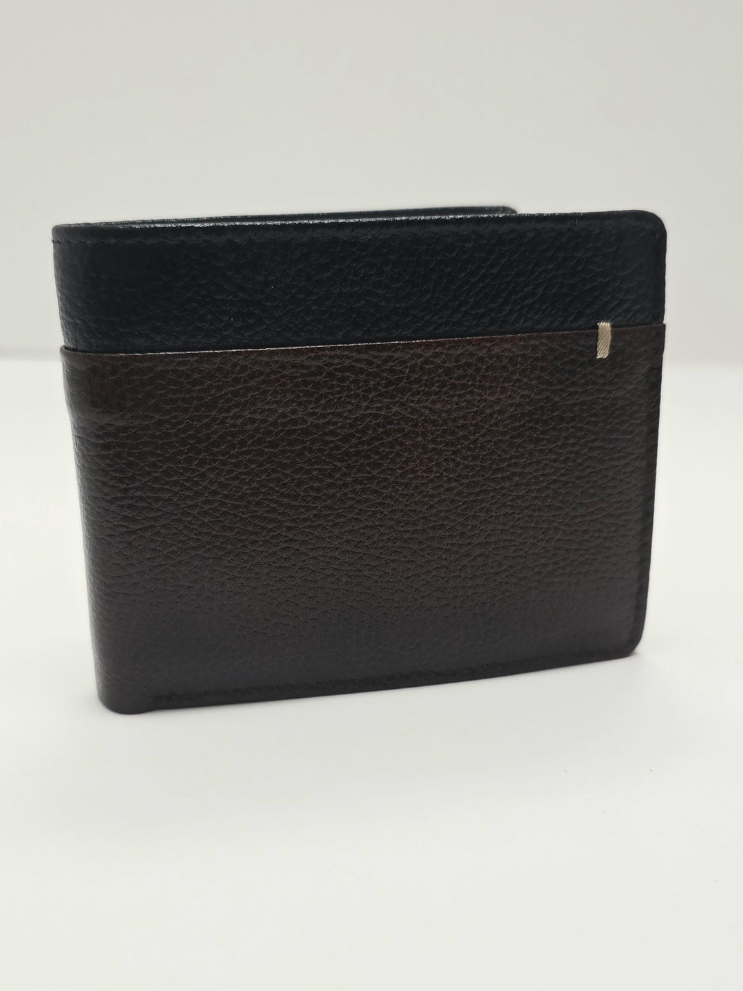 2 tone leather mens wallet standing up showing front of wallet