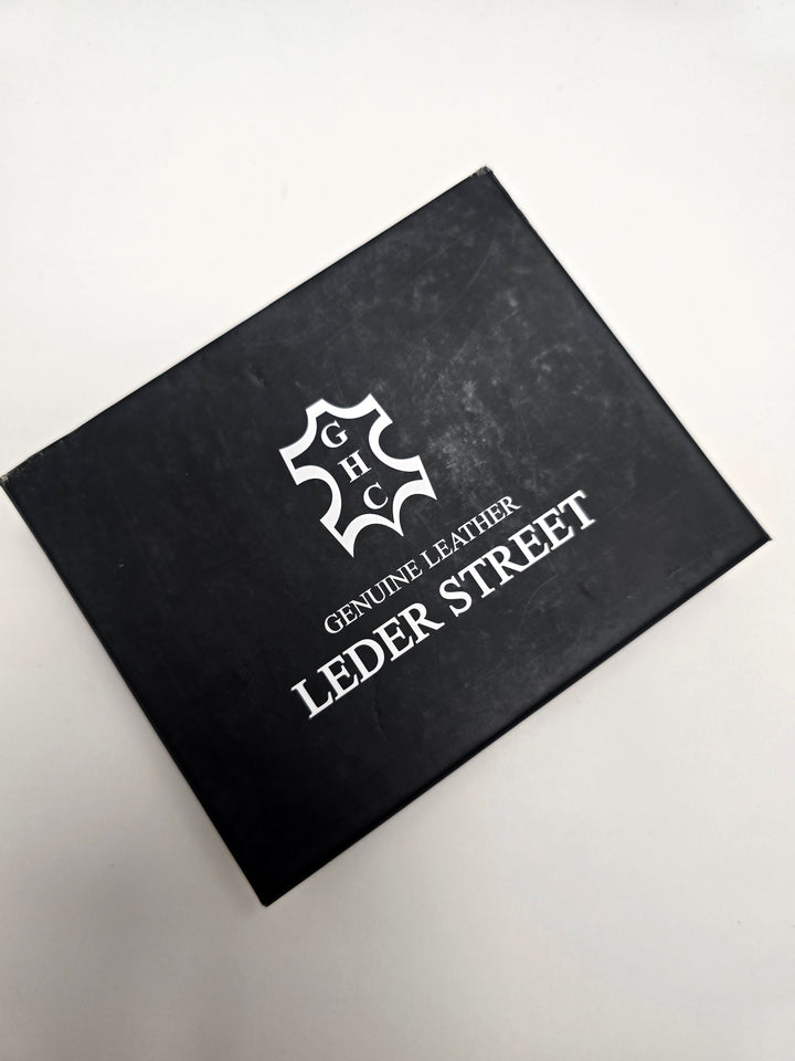 Leder Street box that wallet comes packaged in
