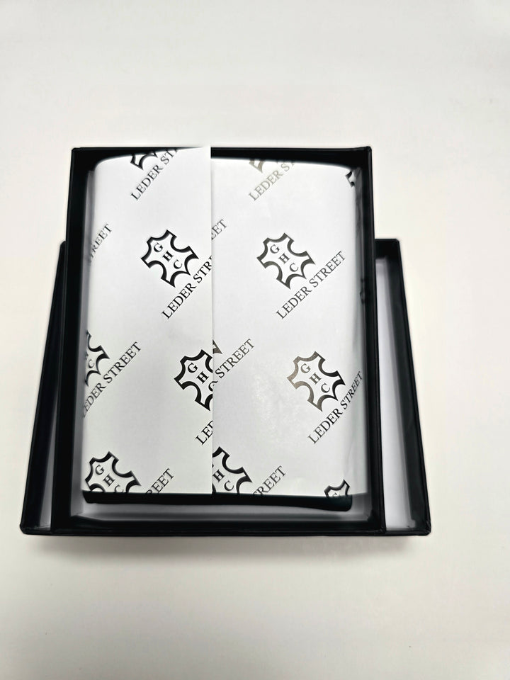 2 tone leather mens wallet in tissue in box