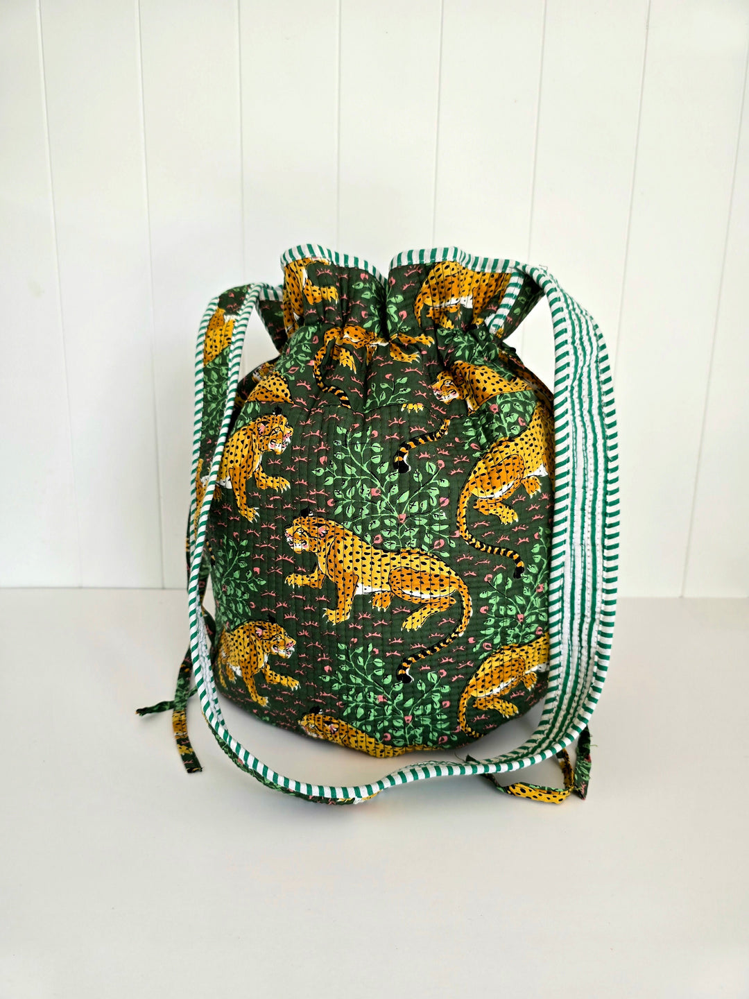 Drawstring bag with tiger pattern on a white background