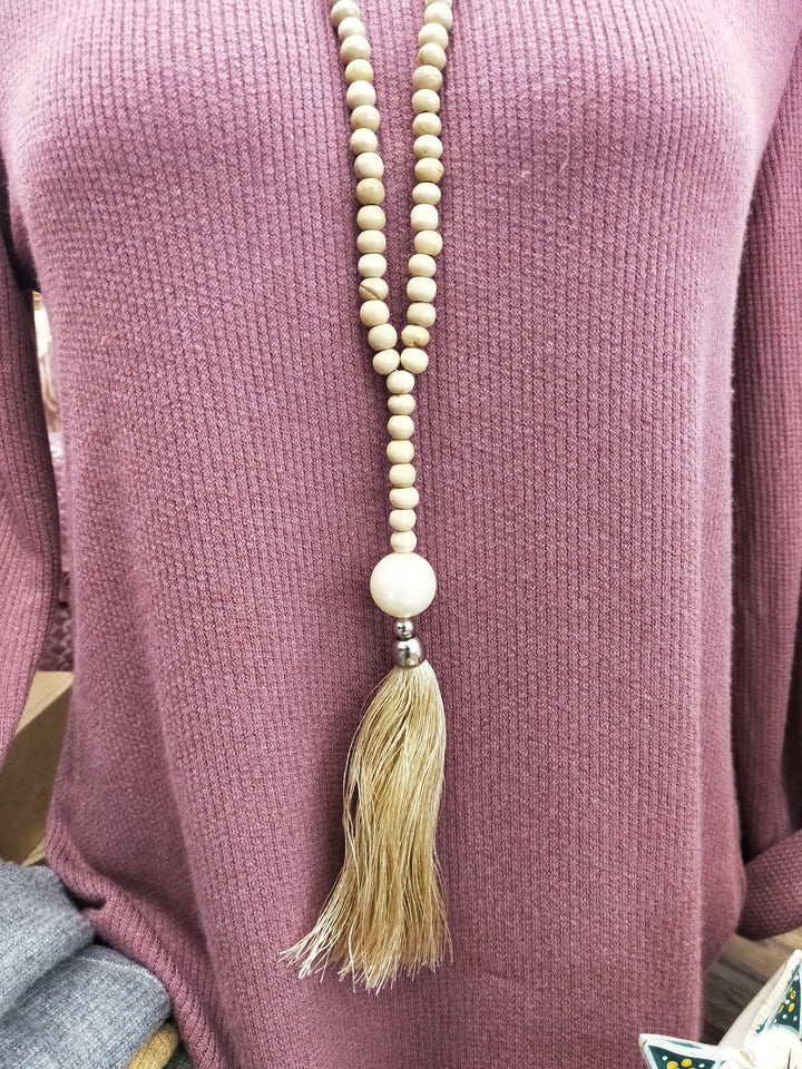 Pearl Wood Tassle Necklace